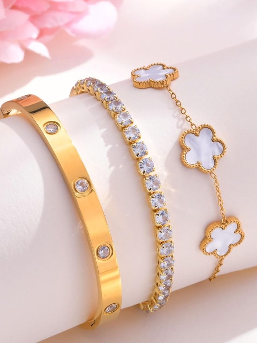 18K Gold Plated Stainless Steel Stackable Trendy 3pc Bracelets
